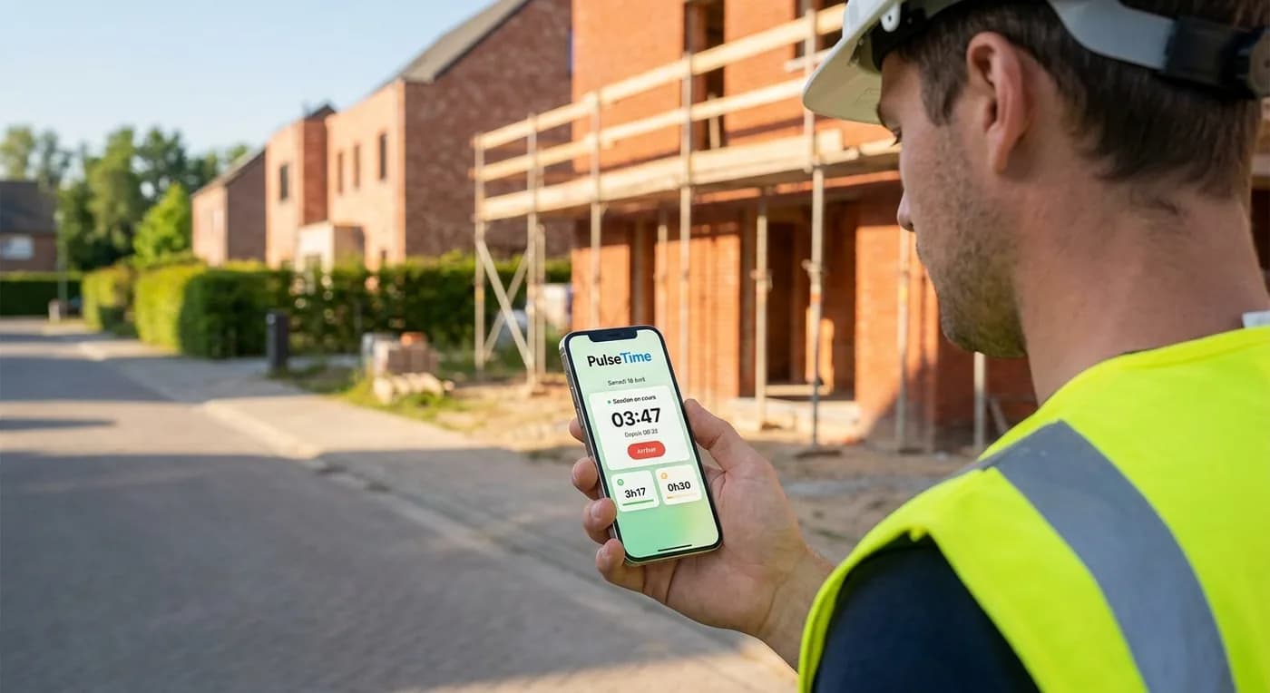 Ouvrier pointant sur son smartphone avec PulseTime sur un chantier belge