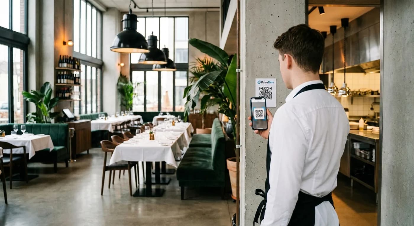 Serveur scannant un QR code PulseTime dans un restaurant